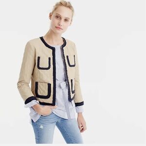 J Crew Quilted Khaki Safari Jacket Navy Blue Braided Trim Womens Size 10